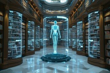 Poster - Futuristic library with holographic human display in a modern learning environment