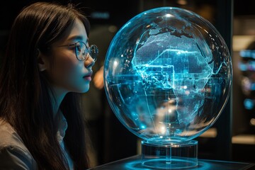 Aufkleber - Young woman interacts with a holographic globe displaying digital world data in a modern exhibition space