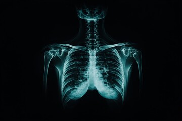 Poster - X-ray image showing human skeleton of chest region highlighting ribs and shoulder blades for medical analysis