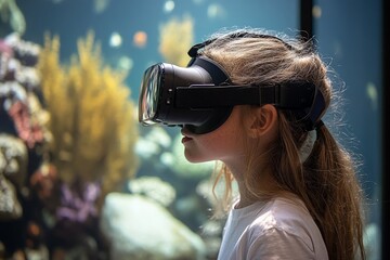 Poster - Child experiences virtual reality in an aquarium while observing colorful marine life