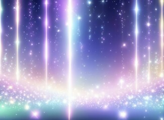 Poster - Ethereal and mystical image featuring sparkling stars and beams of light against a colorful gradient of purple, pink, and blue, AI generated