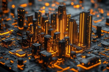 Aufkleber - City skyline illuminated by vibrant orange lights showcasing a futuristic urban landscape at night
