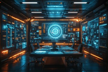 Poster - Futuristic control room filled with high-tech screens and glowing interfaces during an evening setting