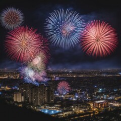 Poster - Colorful fireworks display over a city at night, AI generated