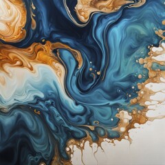Poster - Marble-like fluid swirls of blue, orange, and beige creating an abstract texture, AI generated