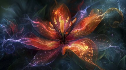 Poster - Vibrant digital art of an abstract glowing flower with a smoke effect, ai generated, AI generated