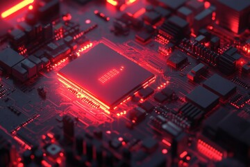 Fototapete - Close view of a glowing microchip on a circuit board showing intricate wiring and red lighting effects