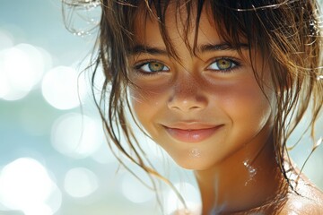 Wall Mural - Smiling girl with sparkling eyes enjoying a sunny day at the beach