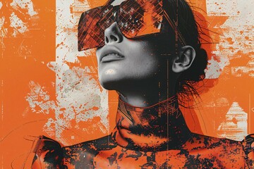 Poster - Digital artwork of a woman with abstract red and orange design elements, AI generated