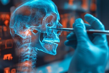 Poster - Detailed examination of a human skull using advanced imaging technology in a medical research facility