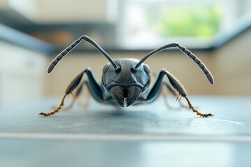 Poster - Close-up view of a black ant exploring a modern kitchen countertop in natural light during daytime