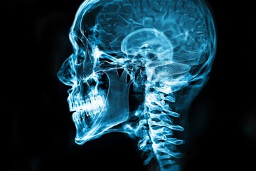 Poster - Detailed x-ray image highlighting the human skull and spinal structure in vibrant blue hues