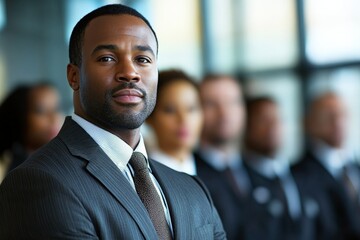 Poster - Professional man poses confidently in corporate environment with colleagues behind him during a business meeting