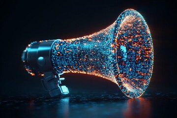 Aufkleber - Vibrant digital megaphone emitting colorful particles in a futuristic setting
