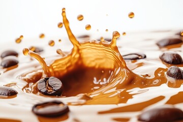 Poster - Coffee beans create dynamic splash in warm brown liquid on white background