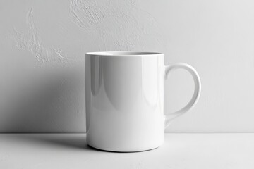 Poster - White ceramic mug on a light gray background showcasing minimalistic design and smooth finish with natural lighting