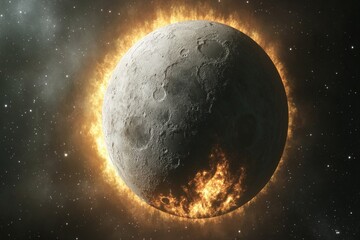 Poster - Moon surrounded by fiery halo and cosmic backdrop featuring stars and nebulae
