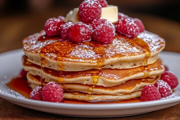 Poster - Fluffy pancakes stacked high with fresh raspberries and butter drizzled with syrup at a cozy breakfast spot