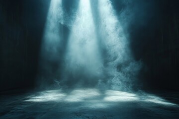 Poster - Soft beams of light illuminate a misty space creating a dramatic atmosphere in a darkened area
