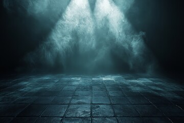 Poster - Mysterious empty stage with beams of light and smoke in a dark setting