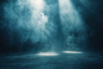 Poster - Bright beams of light pierce through fog in a dimly lit space creating an ethereal atmosphere