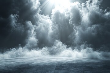 Poster - Clouds gather in a mystical landscape illuminated by bright rays of sunlight just breaking through