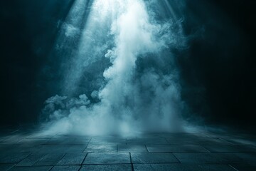 Poster - Mysterious mist rises from stone floor under beams of light in a darkened space