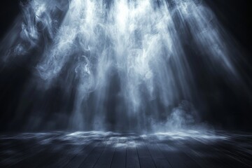 Poster - Soft light beams illuminate a misty atmosphere in a dimly lit space