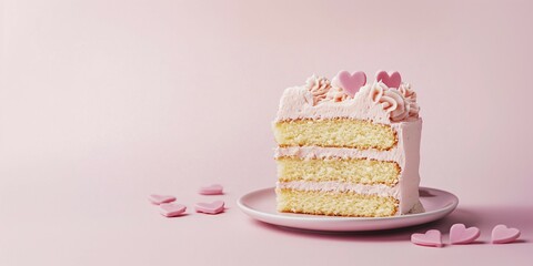 Wall Mural - Slice of layered cake with hearts on pink background with copy space. Generative Ai, AI generated