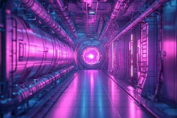 Aufkleber - Futuristic corridor with neon lighting and circular portal in a high-tech environment