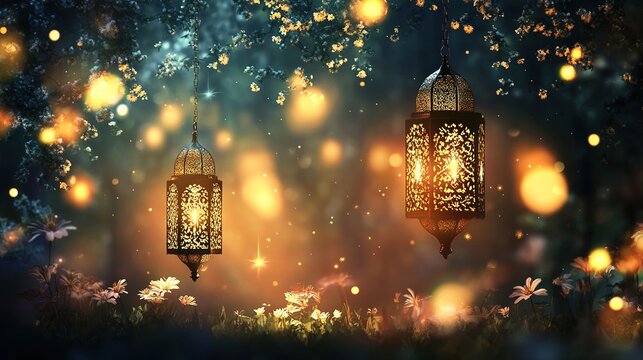 Eid al-Fitr Ramadan 3D Islamic. real fireworks background. abstract blur of real flowers with bokeh lights in the night sky