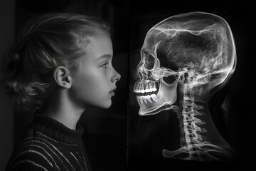 Aufkleber - Exploration of anatomy and depth through a child's profile juxtaposed with a detailed skull X-ray