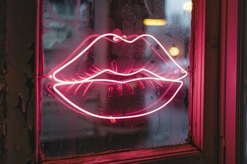 Poster - Pink neon light in shape of kiss lips hanging in window of bar at night. KI generiert, generiert, AI generated