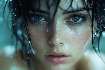 Aufkleber - Captivating portrait of a woman with wet hair and sparkling eyes under water droplets in a close-up shot