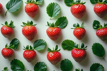 Poster - Fresh strawberries arranged artistically with green leaves on a light background