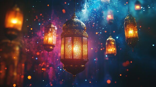 Mosque and candle lanterns with moon hanging Ramadan kareem template. Colorful Background Meteor Splash Flakes Overlay for Dynamic Visuals 