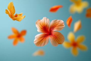 Poster - Colorful hibiscus flowers set against a blue background create a vibrant and lively atmosphere in a botanical display
