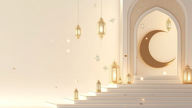 3D modern banner for Islamic holiday Featuring a podium with Ramadan lanterns, golden moon and mosque portal Eid lights. dates on a white background