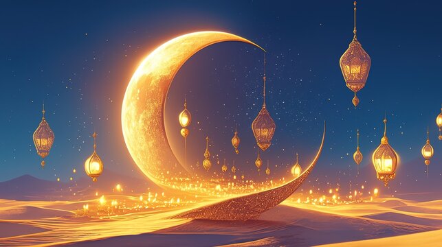 Decorative crescent moon with burning candles on golden yellow color background Ramadan kareem effect 3d illustration design for banner, background, poster, greeting card, invitation. 