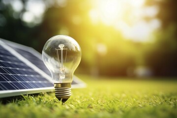 Poster - Electric light bulb and solar panel on grass with sun in background. KI generiert, generiert AI generated