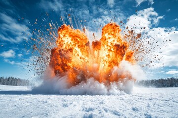 Poster - Explosion occurs in snowy landscape under a bright blue sky during winter afternoon