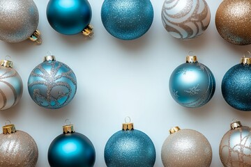 Wall Mural - Decorative holiday ornaments in various shades of blue and gold arranged on a white background for festive celebrations