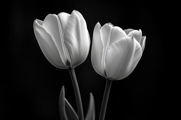 Wall Mural - Elegant white tulips bloom gracefully against a dark background in a serene moment of nature's beauty