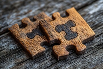 Poster - Detailed wooden puzzle pieces resting on a weathered wooden surface, showcasing craftsmanship and texture