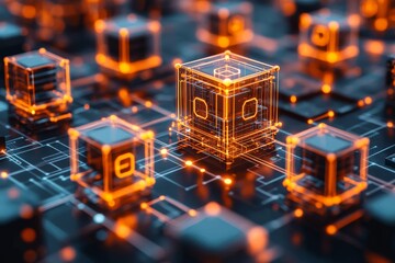 Aufkleber - Futuristic digital cubes glowing on a technology-inspired circuit board in a virtual environment