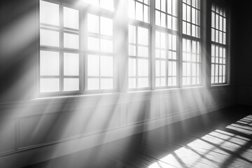 Wall Mural - Sunlight streams through large windows in a serene, empty room, creating a peaceful atmosphere