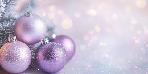 Poster - Christmas banner with pink and purple bauble ornaments with bokeh lights and copy space. Generative AI, AI generated