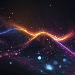 Poster - Abstract digital art featuring neon waves and glowing particles in orange, blue, and purple hues, AI generated
