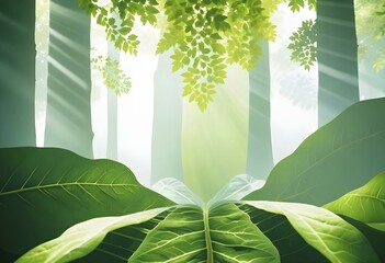 Wall Mural - Sunlight filtering through dense green forest foliage, creating a tranquil and peaceful atmosphere, AI generated