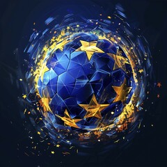 Poster - Dynamic digital art of a football surrounded by golden stars and particles, AI generated
